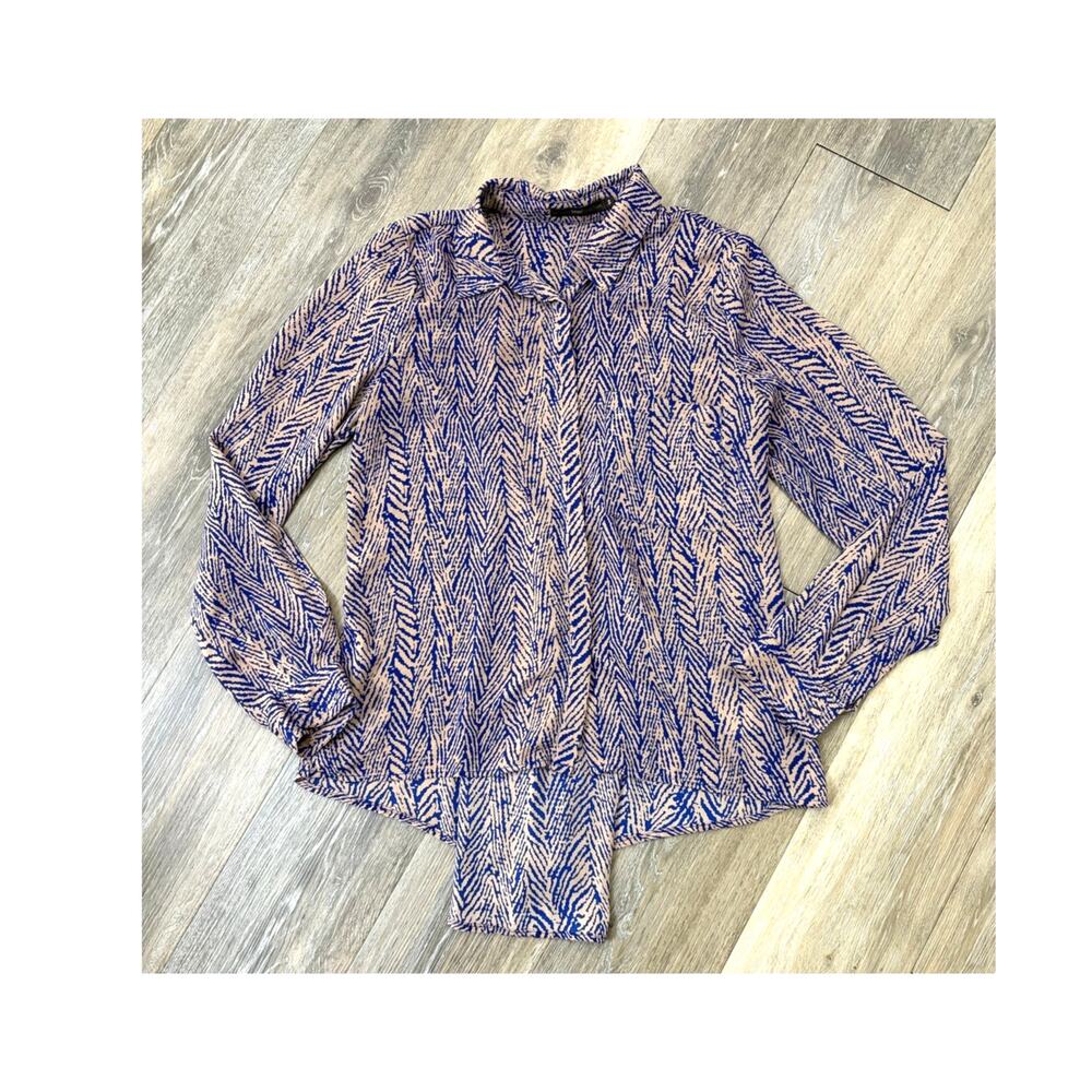 Hazel Hazel Blouse Womens Small Blue Beige Zebra Print High Low Button Back Top